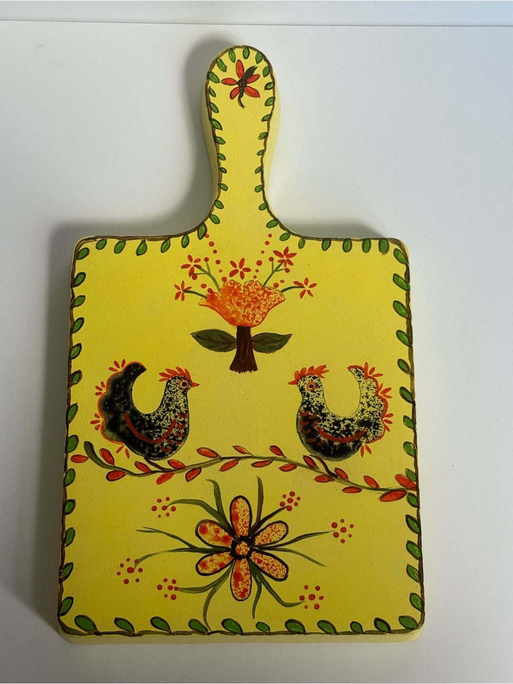 Vintage Hand-Painted Fiesel Ceramic Bright Yellow  Cutting Board, Chickens